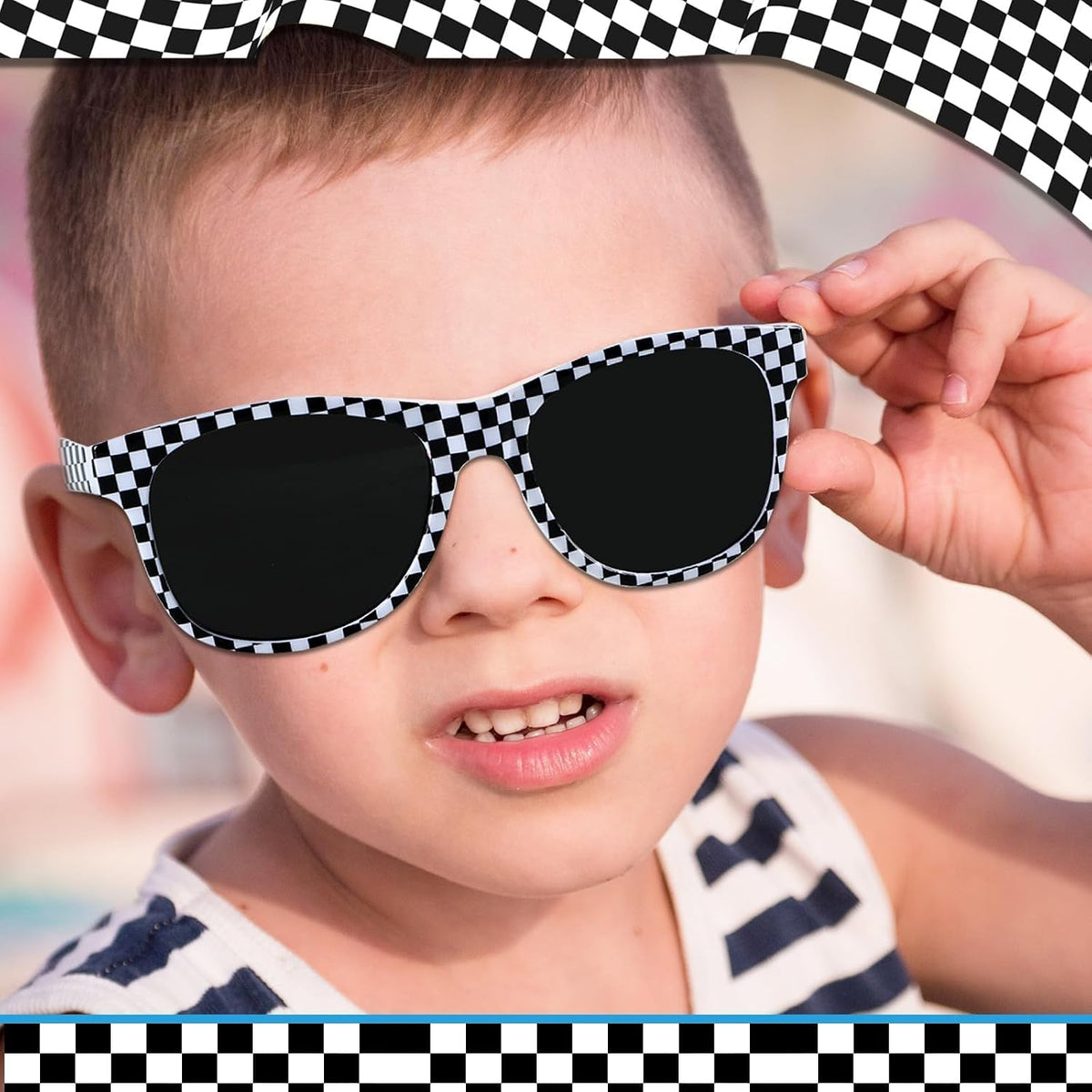 16 Pack Race Car Checkered Sunglasses White Black Frame Checker Sunglasses Bulk for Kids Racing Party Favors Essentials & Gear Up With Hot Car Plastic Glasses for Racing Theme Birthday Party Gifts
