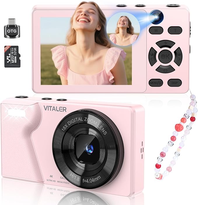 Digital Camera with Front Rear Lens, Autofocus 64MP 4K Camera