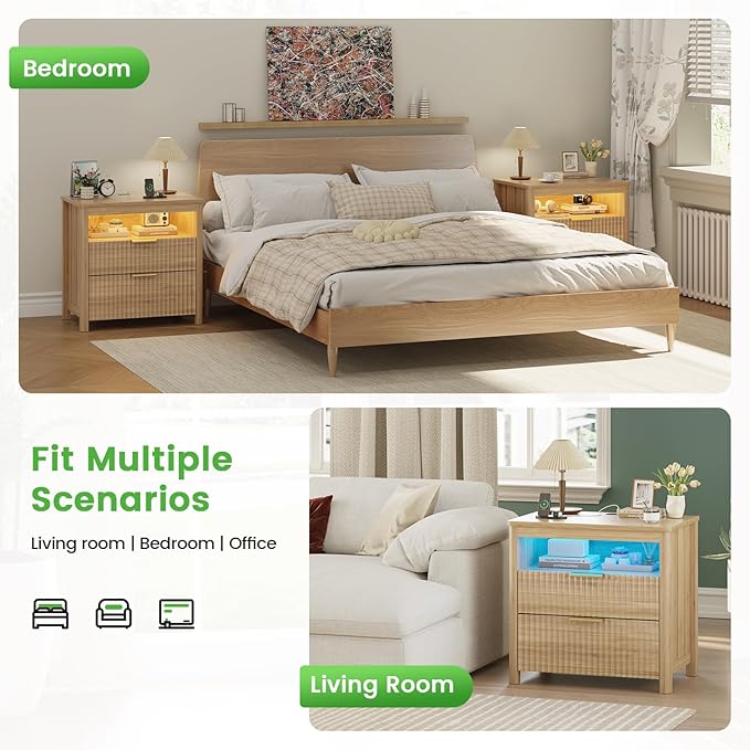HNEBC Nightstand Set of 2 with Gun Drawer, Nightstands with Hidden Compartment, Larger Wider Bedside Table with Charging Station for Bedroom Dorm, Sofa, Office,Ideal Furniture & Decor-Natural
