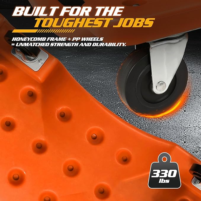 Magshion Mechanic Creeper with Padded Headrest and Tool Tray, 330 lbs Capacity Rolling Garage Shop Creeper with 6 Wheels, Lightweight and Portable Automotive Creeper (Orange)