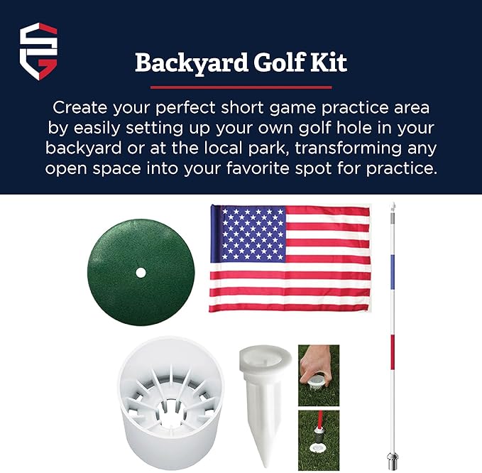 Standard Golf Regulation flagstick, cup & pin flag to use in your backyard or other open space for practice. Use the same products as used by golf courses all over the world and on tour.