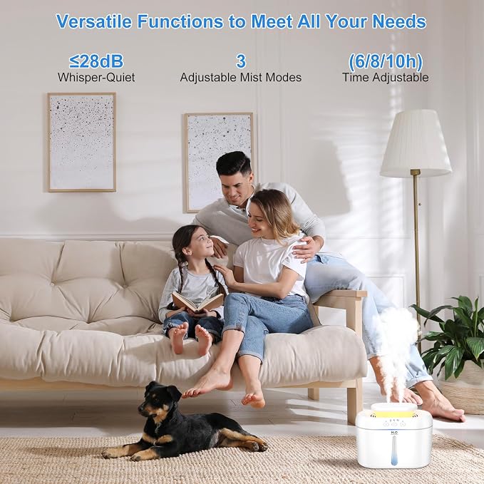 COO Humidifiers for Bedroom, 2L Tank for Large Room, 30 Hour Runtime, 28dB Quiet Cool Mist Humidifier for Home, Baby Nursery, Plants, Indoor, Office, Easy to Fill & Clean,Night Light and Auto Shut-off