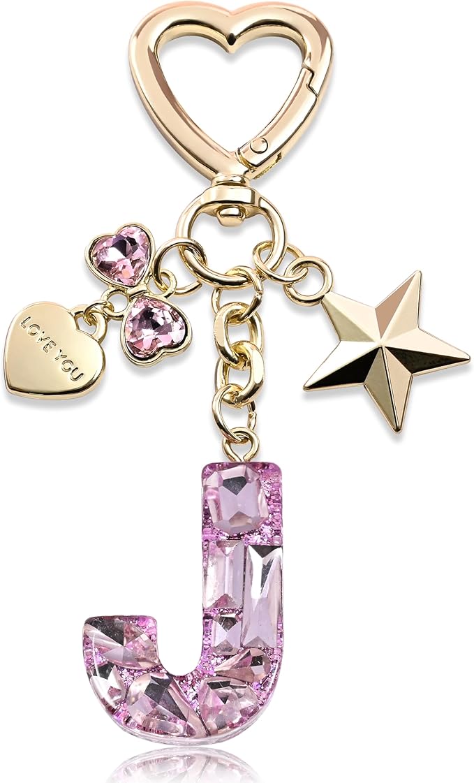 Cute Bling Keychain initial Letter Butterfly Star Pink Purple Gift for Women Girls Bag Cup Charms Accessories