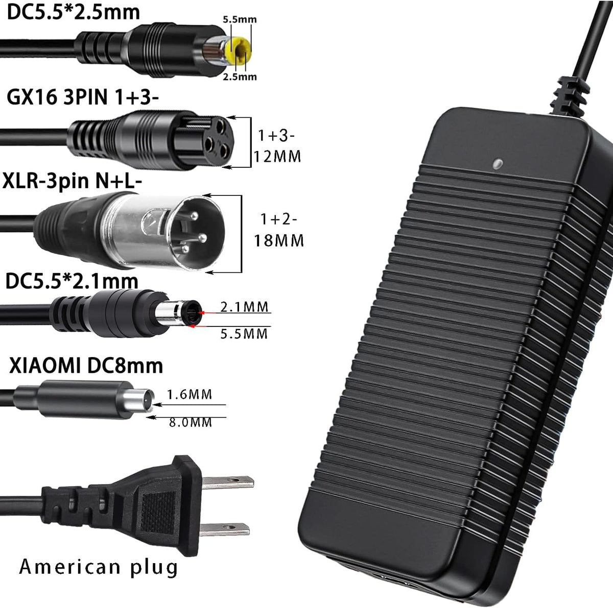 QDD 42V 2A Scooter Charger - Universal 4-in-1 Plugs for 36V 10S Lithium Batteries | Female DC 5.5mm-2.1mm Port