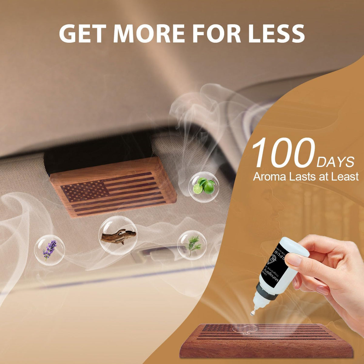 AirPurelle Car Air Freshener with Metal Clip Wood Air Freshener, 100 Days Long Lasting Spicy Sandalwood Scent, Includes 2x 10ML Refills, 0.68 FL OZ, Made in USA, Car Auto Accessories