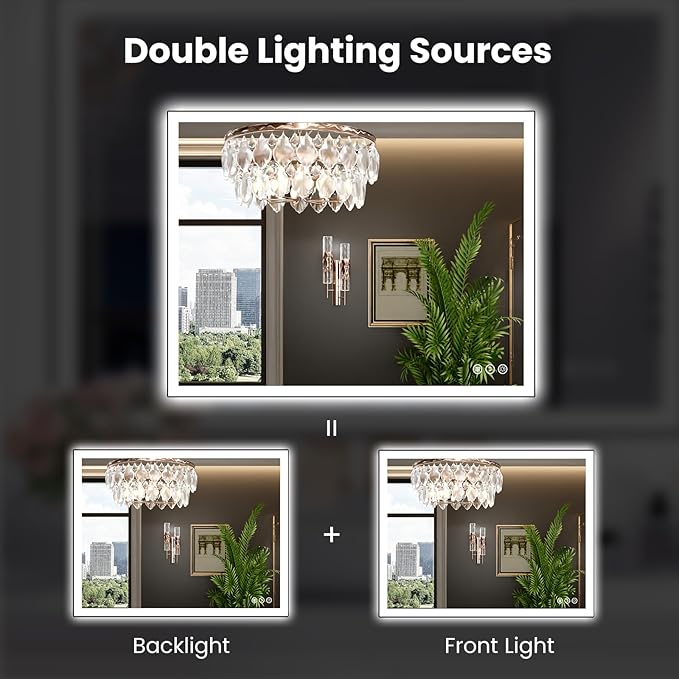 WTTY 40"X36" LED Bathroom Mirror with Black Frame, Bathroom Vanity Mirror with Lights for Wall, Front Light and Backlit, Anti-Fog, Dimmable, 3 Colors, Shatterproof, Memory, Horizontal/Vertical