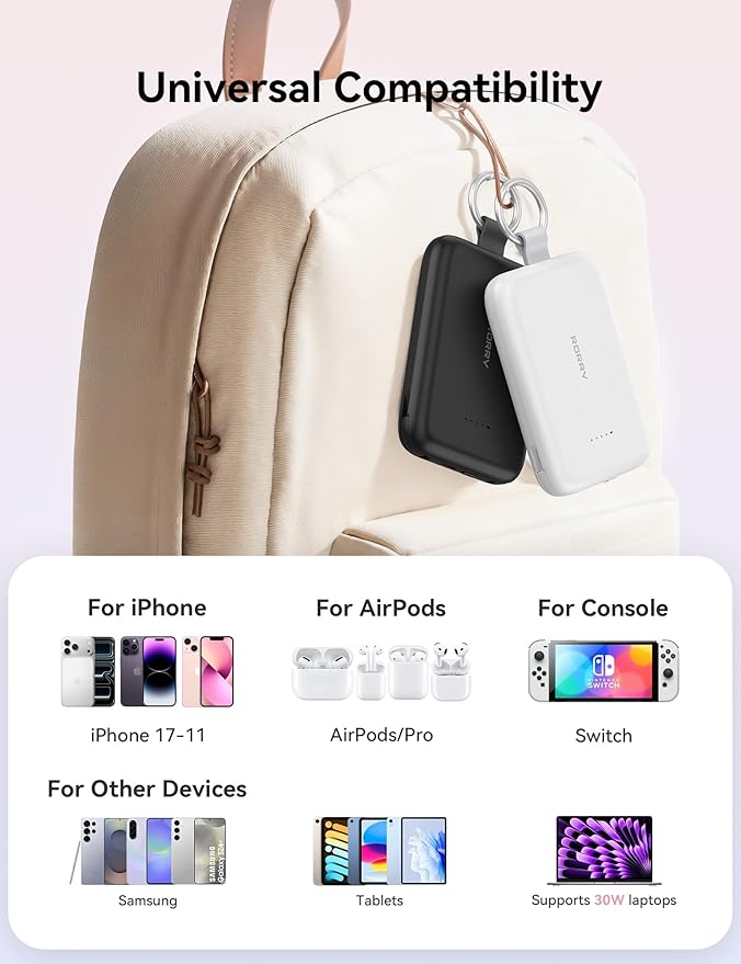 RORRY Portable Charger, 10000mAh PD 30W Fast Charging Portable Charger Power Bank with Built-in Cables, Travel Keychain Charger Battery Pack for iPhone 17/16/15/14/13/12, for AirPods 2/3/4/Pro, Pink