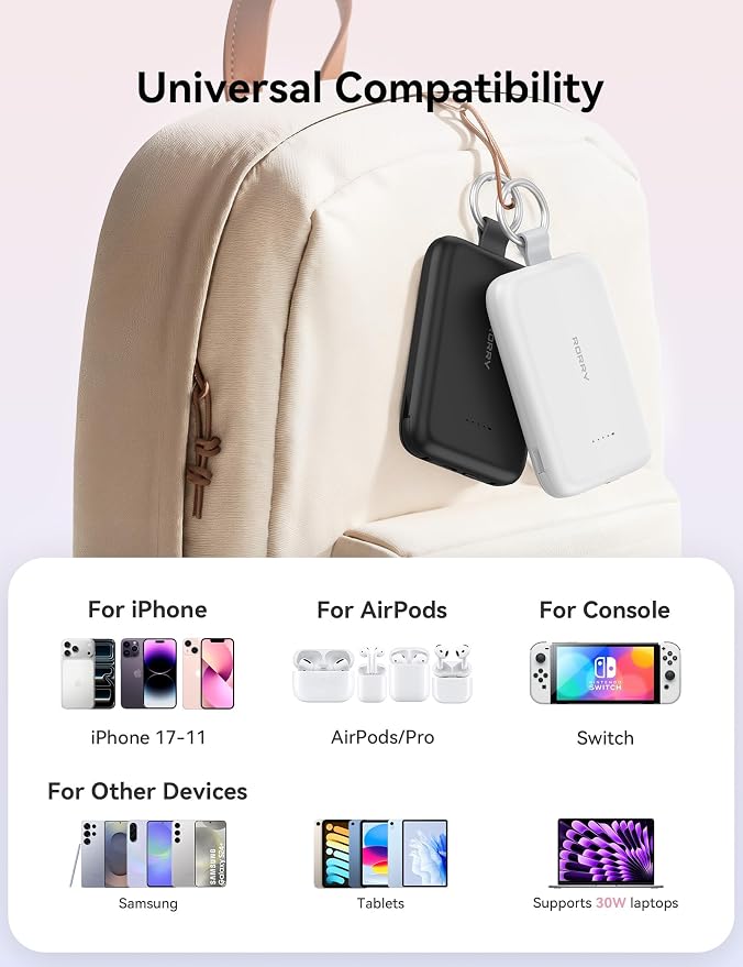 RORRY Portable Charger, 10000mAh PD 30W Fast Charging Portable Charger Power Bank with Built-in Cables, Travel Keychain Charger Battery Pack for iPhone 17/16/15/14/13/12, for AirPods 2/3/4/Pro, Purple