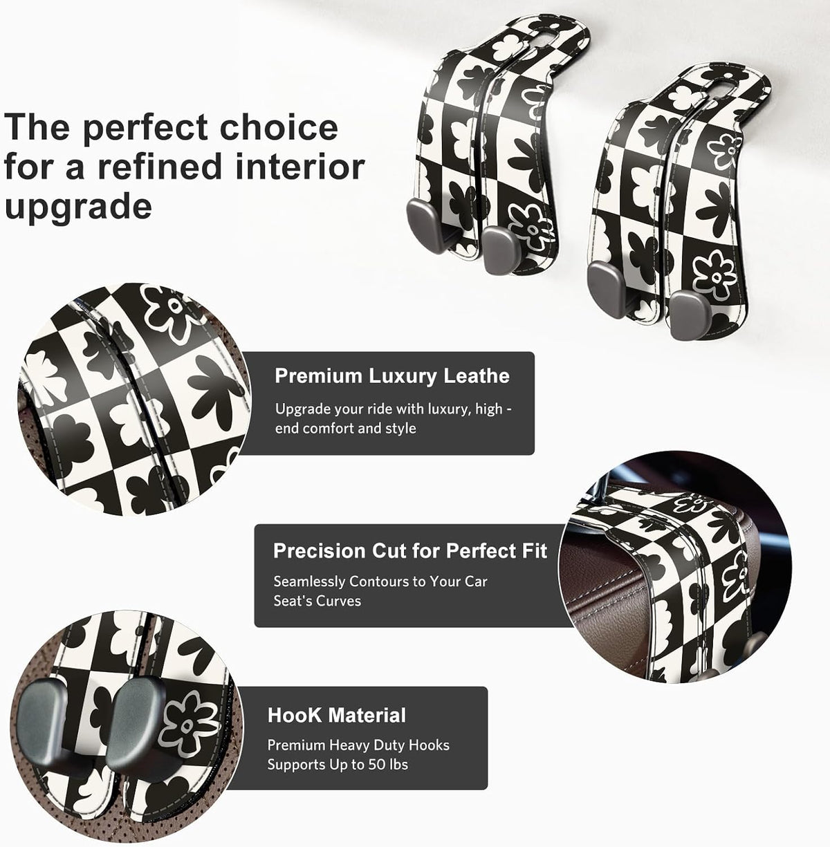 CoBak Purse Hook for Car - Universal Premium Stitched Leather and Aluminum-Magnesium Alloy Double Car Seat Back Storage Hook for Purses, Handbags, Bags (2 Pack),Chess Flower