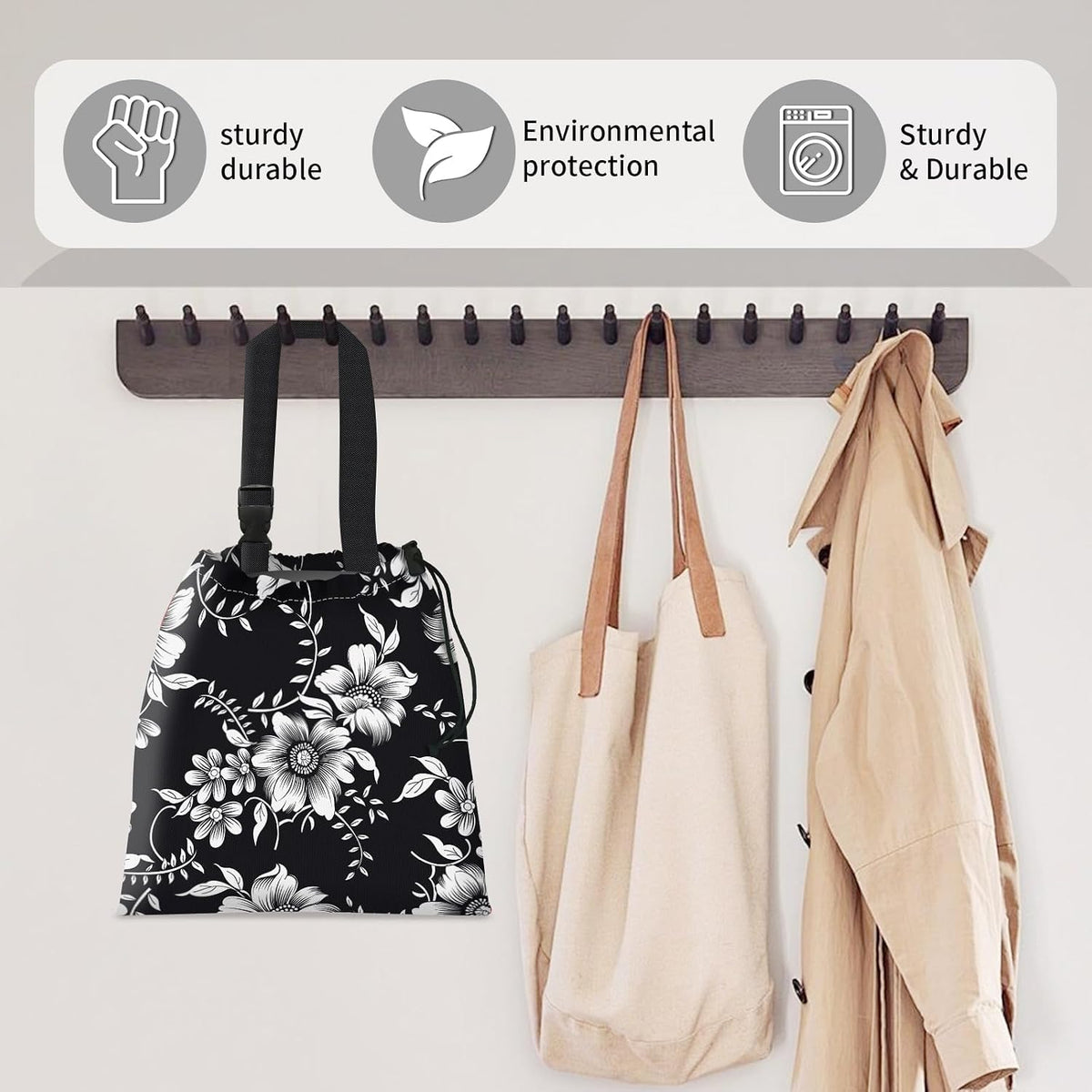 Car Trash Bag Large Hanging Can for Back of Seat, Cute Waterproof Car Garbage Bag for Vehicle, Travelling, Outdoor Beautiful Black White Floral
