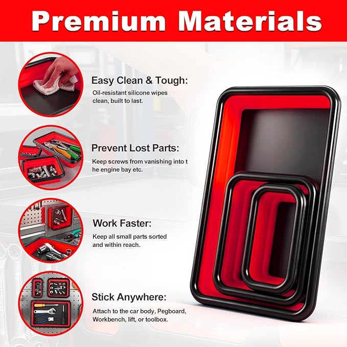 Collapsible Magnetic Parts Tray Set with Extra Strong Magnet Up to 18LB, 3 Different Size Silicone Foldable Tool for Organizing Screw Bolts Nuts Washers Pins and Other Small Metal Parts - Red