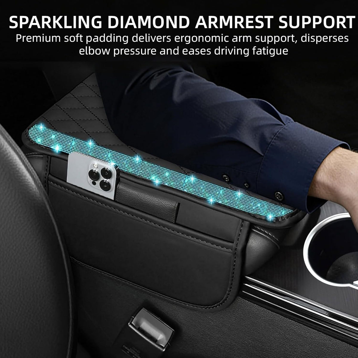 NBTEPEM Bling Car Center Console Cover, Leather Car Arm Rest Cover Cushion with 2 Storage Bags, Middle Console Cover Universal Armrest Protector Pads, Bling Accessories for Most Vehicles (Aquamarine)