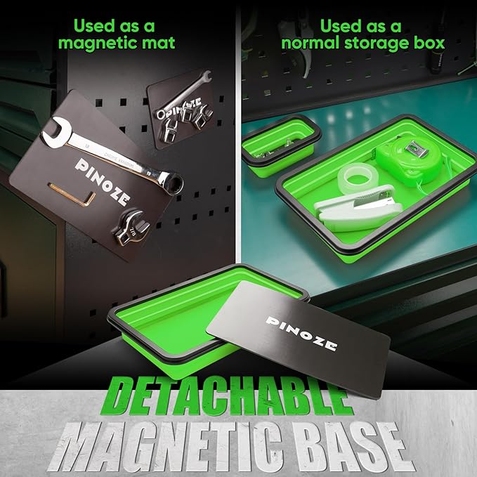 Collapsible Magnetic Parts Organizer Trays & 12" Flexible Magnetic Pickup Tool, 3 Different Size Magnet Tool Trays & Pick-Up Sweeper for Screw, Bolts, Nuts, Washers, Pins and Metal Parts, Green