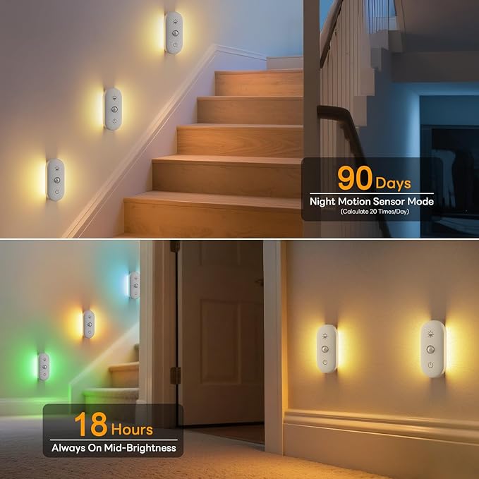 Rechargeable Night Light for Stair: Motion Sensor with 1800mAh Battery for 90-Nights Navigation - 3000K+RGB for Hallway Stair Safety 6-Pack