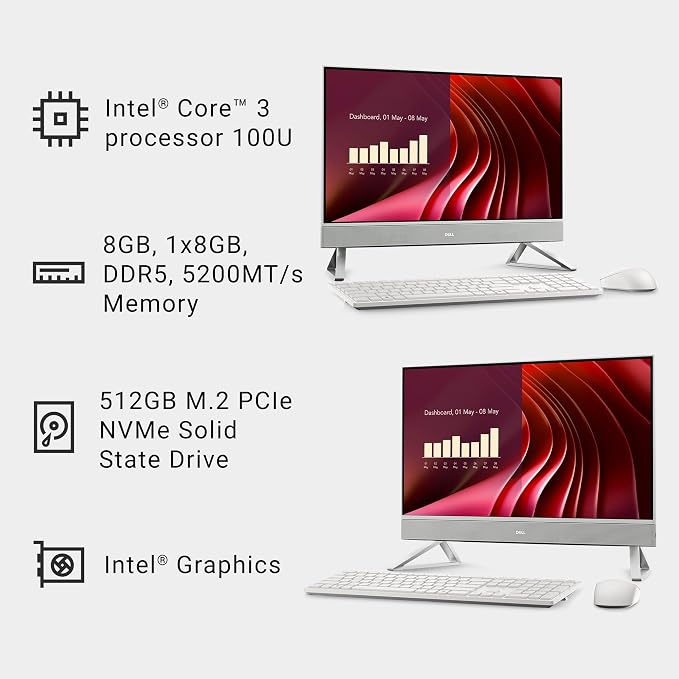 Dell 23.8" All-in-One Desktop, FHD, Intel Core 3 100U, Windows 11 Home | Intel Graphics, 512GB SSD, 8GB, Wi‑Fi 6E, Bluetooth, Keyboard & Mouse, Dolby Atmos Speakers, EC24250