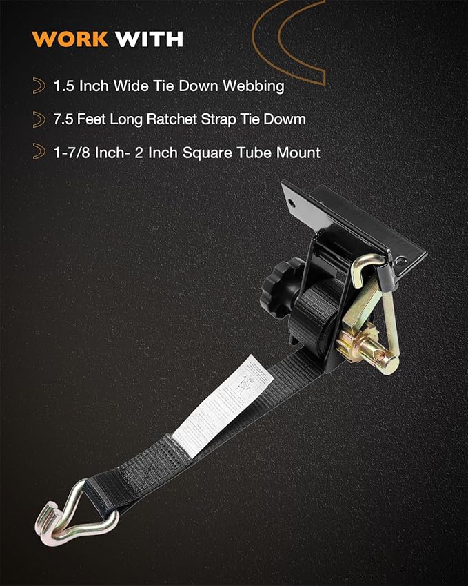 Lumber Rack Ratchet Straps, W/J-Hook (4PCS), 1.4" Black Square Tube Mount, 1.5" Wide x 7.5' Long, Black Ladder Rack Ratchet Straps, 500 lbs Load Heavy Duty, Truck Rack Straps, Pipe/Roof Rack Strap