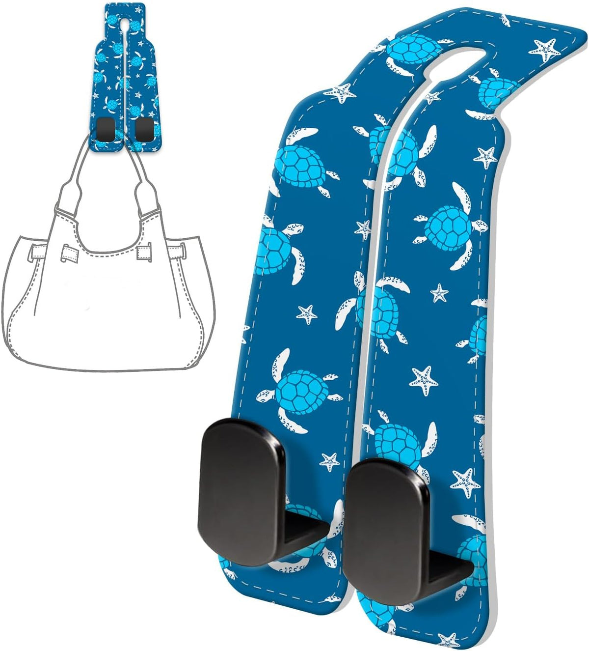 PU Leather Car Seat Hook, Storage Headrest Hanger, Cute Car Backseat Organizer, Car Hooks For Purses and Bags Cute Blue Sea Turtle