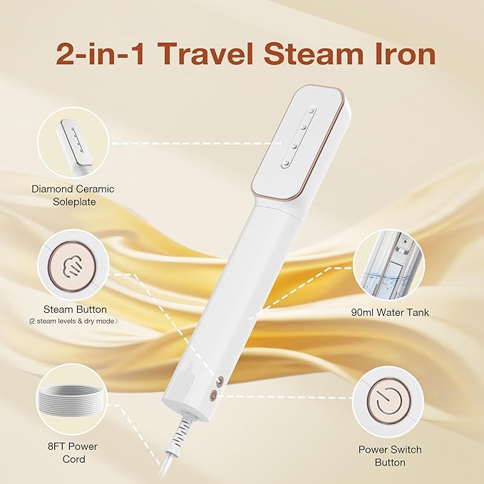 Newbealer 2in1 Travel Iron with Global Voltage, 100-240V Clothes Steamer, Dry Ironing & 2 Steam Levels, Non-Stick Ceramic Soleplate, Fabric Wrinkle Remover, Auto-off, Self Cleaning, No Clamp (Gold)