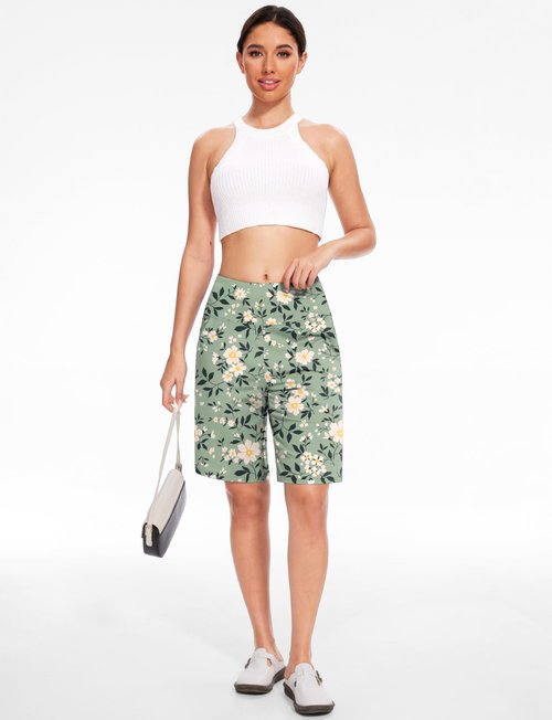 Blouty Women's 9" Bermuda Long Shorts Knee Length with Pockets High Waisted Shorts for Women Lounge Walking Athletic (Daisy, Large)