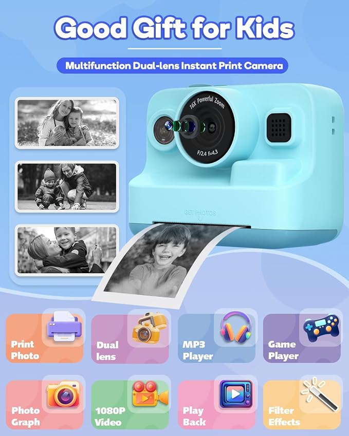 Dylanto Kids Camera Instant Print, 1080P Kids Instant Cameras that Print Photos