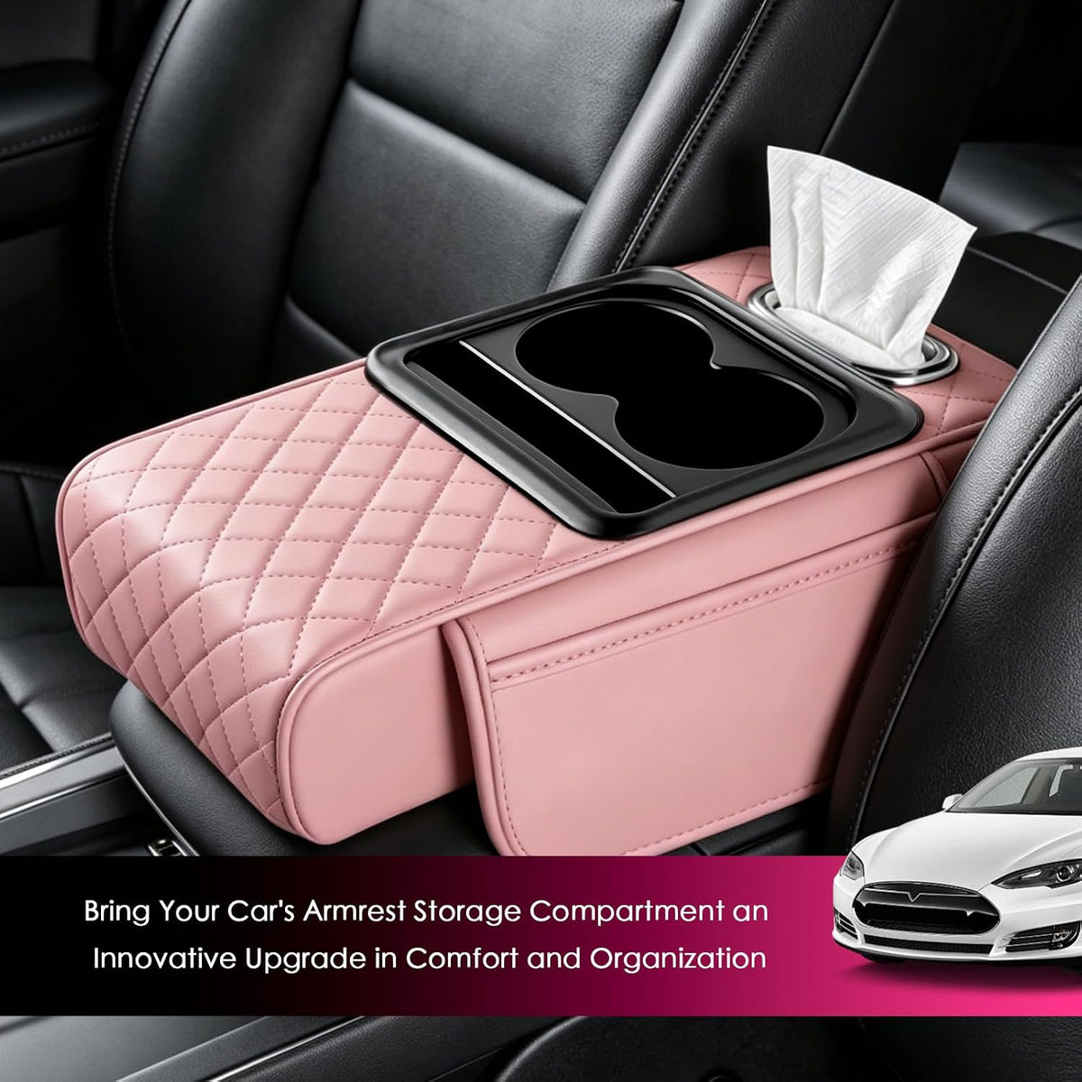 5 in1 Car Armrest Storage Box,Multifunctional Leather Car Armrest Box Pad for Elbow Support,Comfortable Center Console Cover with Cup Holder & Phone Holder & Side Storage Bag (Pink)
