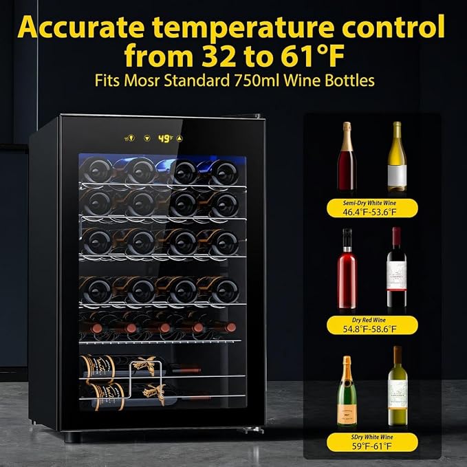 Electactic 37-Bottle Freestanding Wine Cooler Refrigerator, 4.5 Cu. Ft | Removable wave-shaped wire shelves, fan cooling, and sub-38 dB operation help organize bottles with minimal noise.