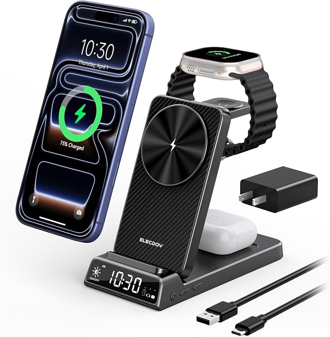 3 in 1 Charging Station for Apple, ELECDOV Magnetic Charger for iPhone