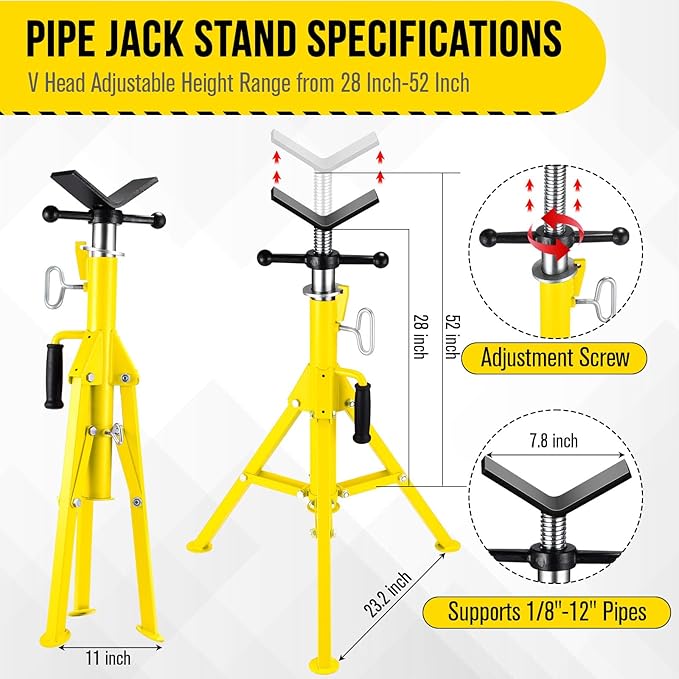 V Head Pipe Jack Stand, Heavy Duty Pipe Stand, 2500LB Jack Stands Carbon Steel with Portable Folding Legs 28-52 Inch Height Adjustable 1/8"-12" Capacity