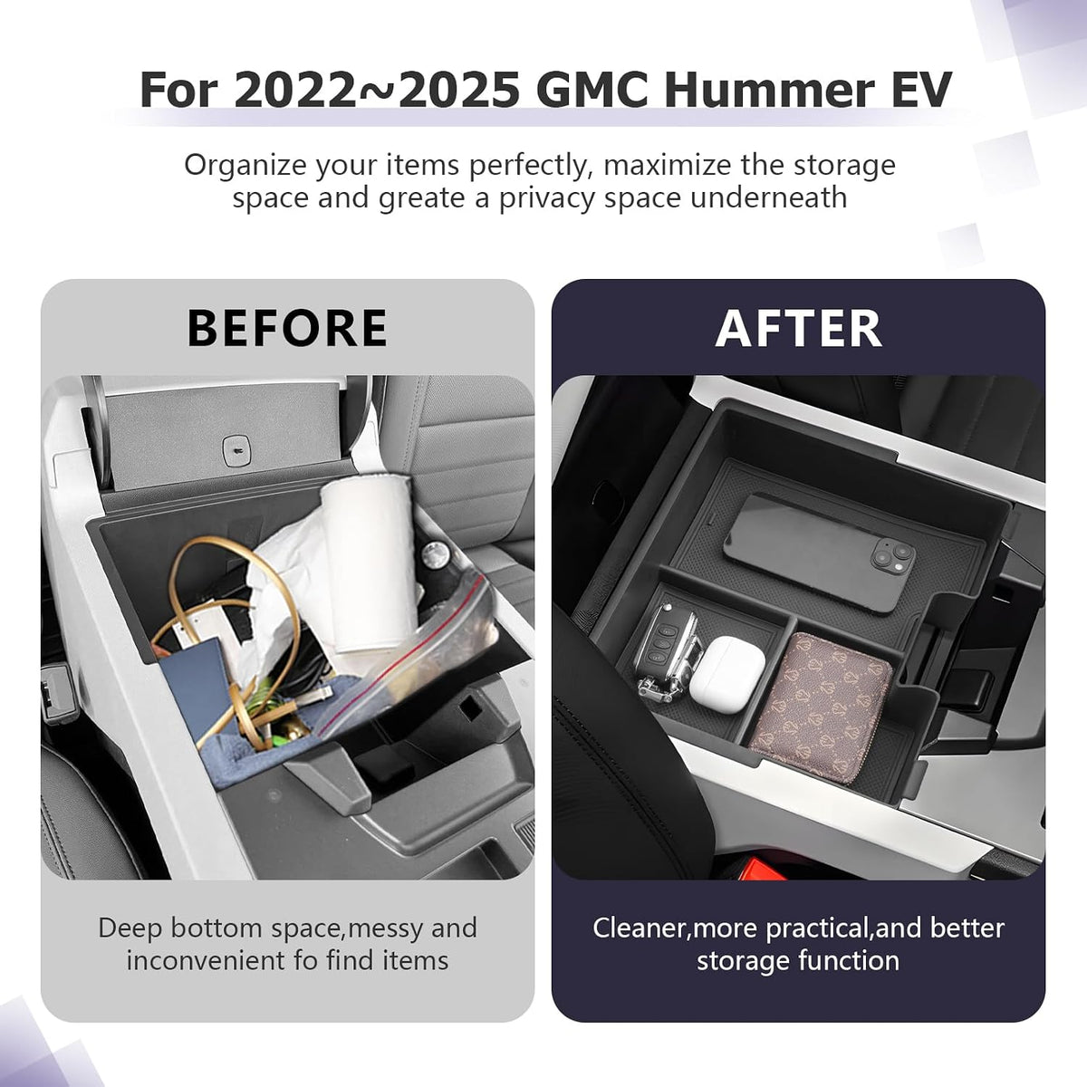 LUWU Center Console Organizer Compatible with 2022 2023 2024 2025 2026 GMC Hummer EV Accessories 2025 2026 Hummer EV Center Console Organizer Armrest Storage Box Armrest Organizer Insert Tray (Black)