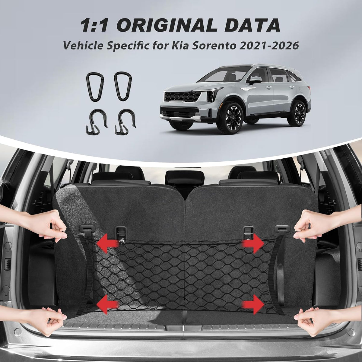 Karltys Envelope Style Cargo Net for 2021-2024 2025 2026 Kia Sorento, Heavy Duty Rear Trunk Mesh Cargo Net for 2025 Sorento Accessories, Elastic Mesh Netting Organizer with Metal Hooks
