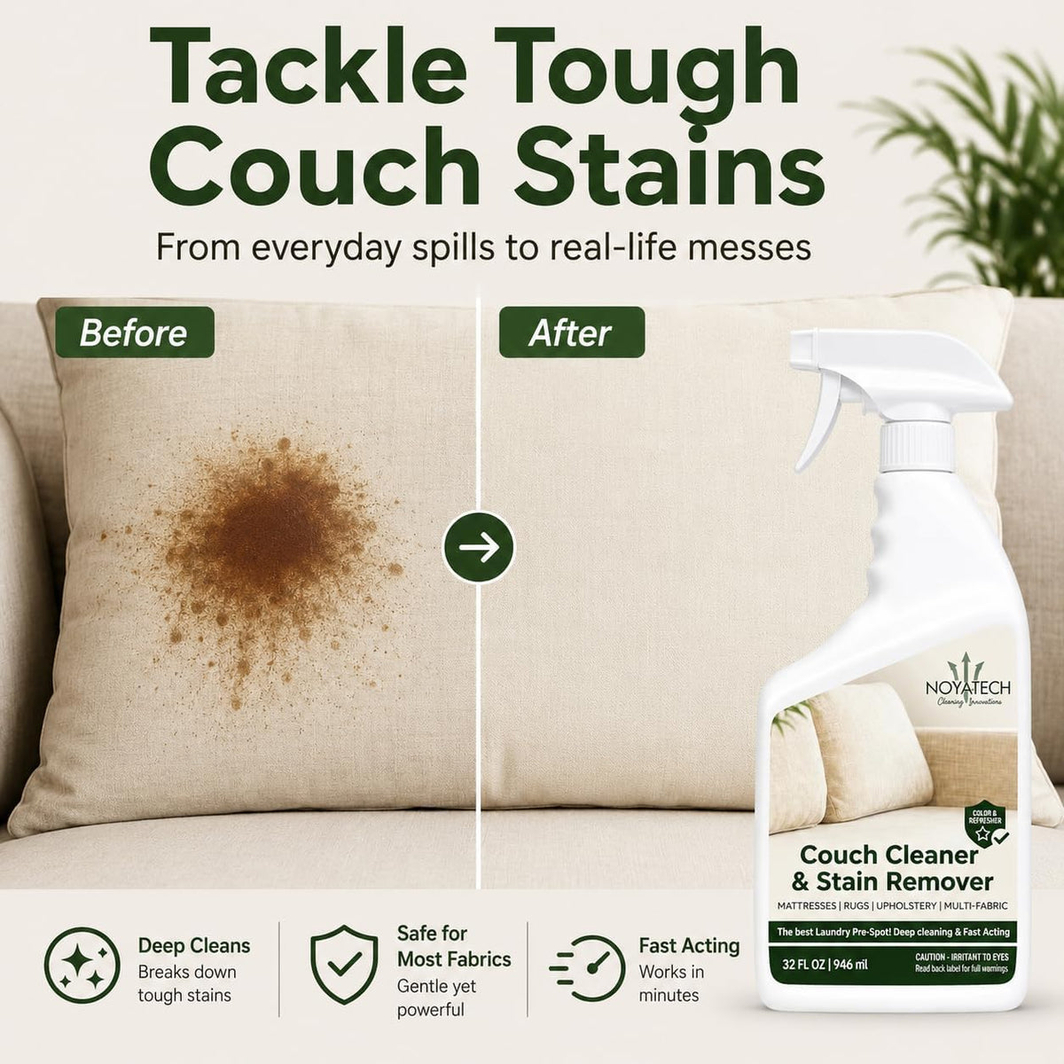 NOYATECH Couch Cleaner and Stain Remover Spray - Professional Strength Non-Toxic Multi-Surface Fabric and Upholstery Cleaner for Couches, Sofas, Sectionals, Microfiber & Car Interiors, 32 oz