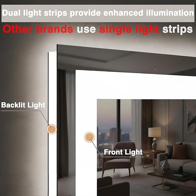 60"x40" LED Mirror for Bathroom, Front and Backlit, Anti-Fog Vanity Mirror with Lights, Stepless Dimmable Lit, 3 Colors Smart Mirror (Horizontal/Vertical)