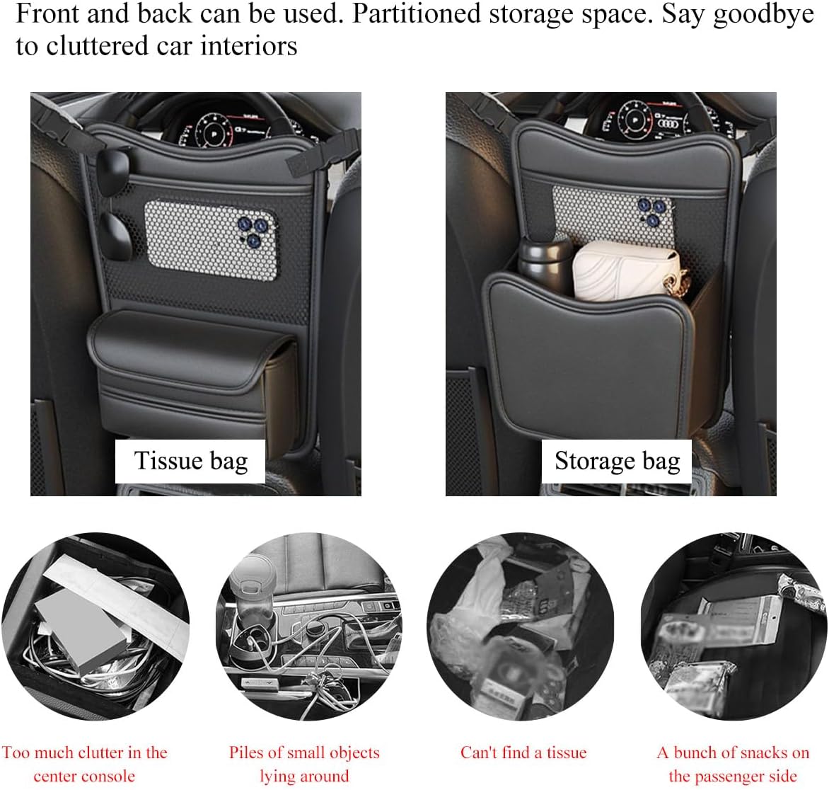 DXNQ Car Organizer Storage Between Seats, Leather Large Capacity Automobile Handbag Hanging Store Content Bag, Auto Console Organizer Holder for Snack Phone Document Storages, Car Accessories (Gray)