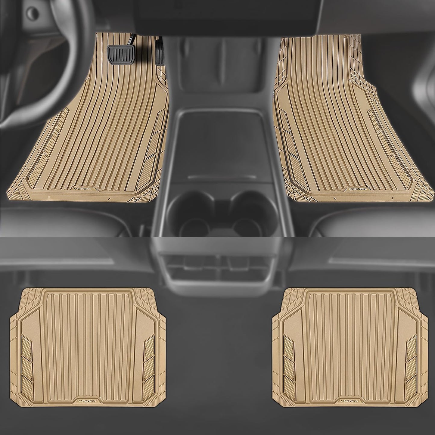 CAR PASS Heavy Duty Sporty Rubber Car Mats, Deep Dish All Weather Car Floor Mats Full Set, Waterproof Anti-Slip Automotive Matts Rugs Trim to Fit for Most Sedans SUVs, 4-Piece All Beige