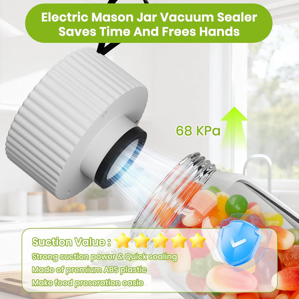 Skiennix Electric Mason Jar Vacuum Sealer Kit - One-Touch Sealing for Wide & Regular Jars | Portable Gift for Mom & Grandma