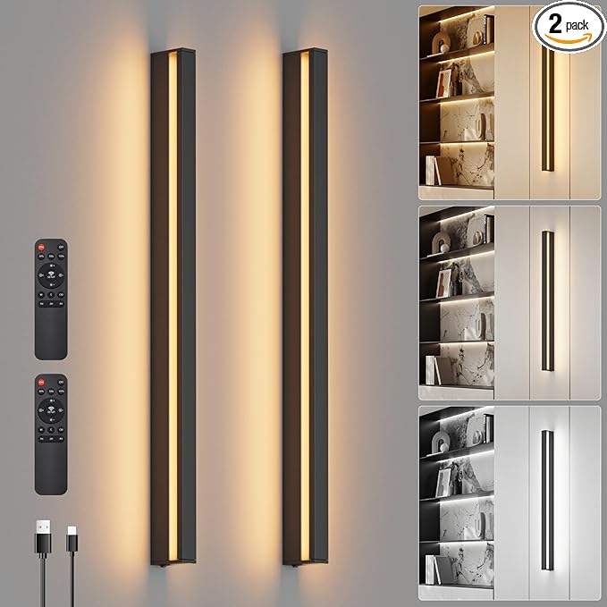 Aipsun Rechargeable Battery Operated Wall Sconce,9000mAh Black Wall Sconces 3000K-6000K LED Wireless Wall Light for Bedroom, Hallway Living Room,31.5 Inch,Black(2 Packs)