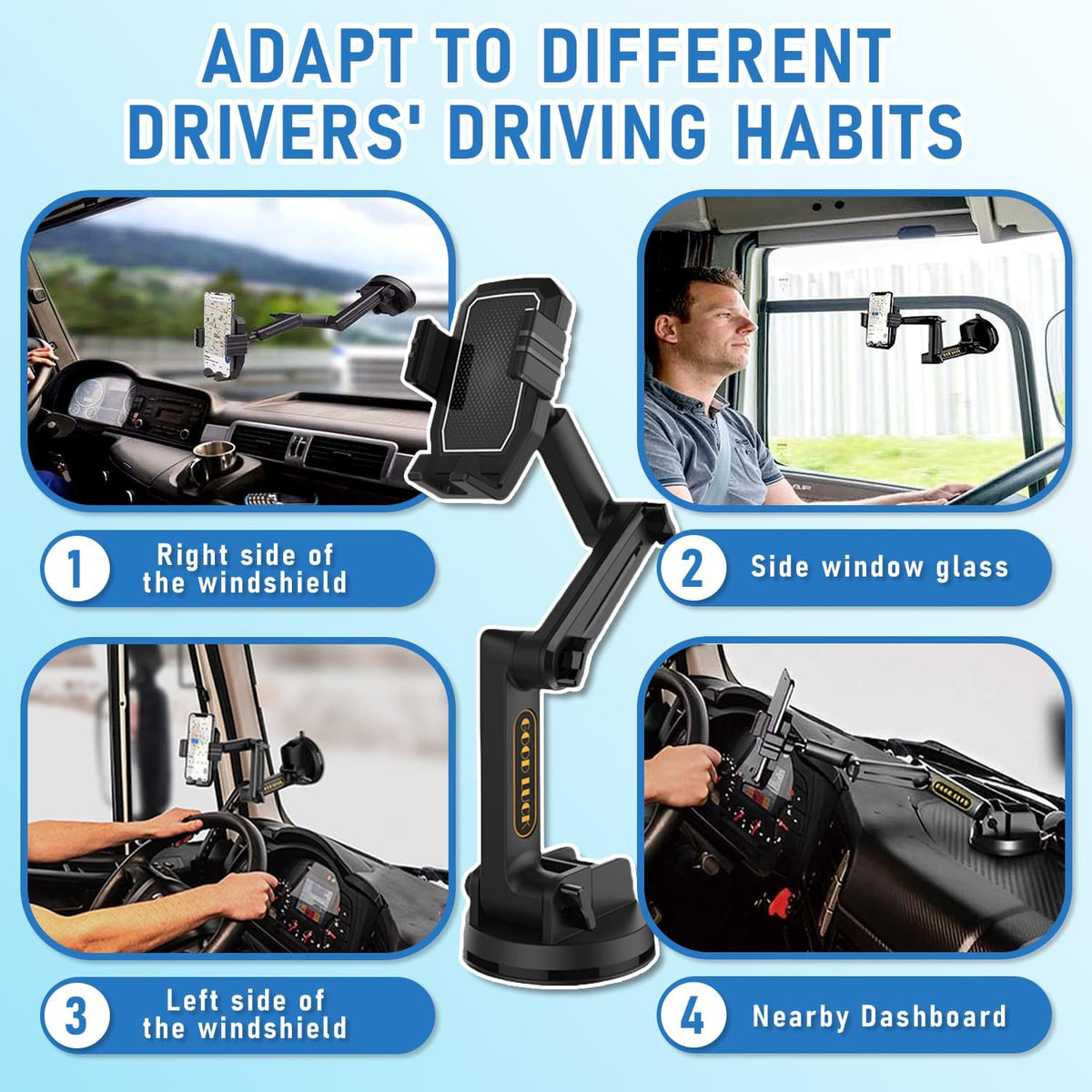 WUITIN Truck Phone Holder Mount,Car Phone Holder,Dashboard Windshield Phone Holder 16.9 inch Long Arm,Super Suction Cup Compatible with Pickup Truck,Commercial Truck and All Phone,Black