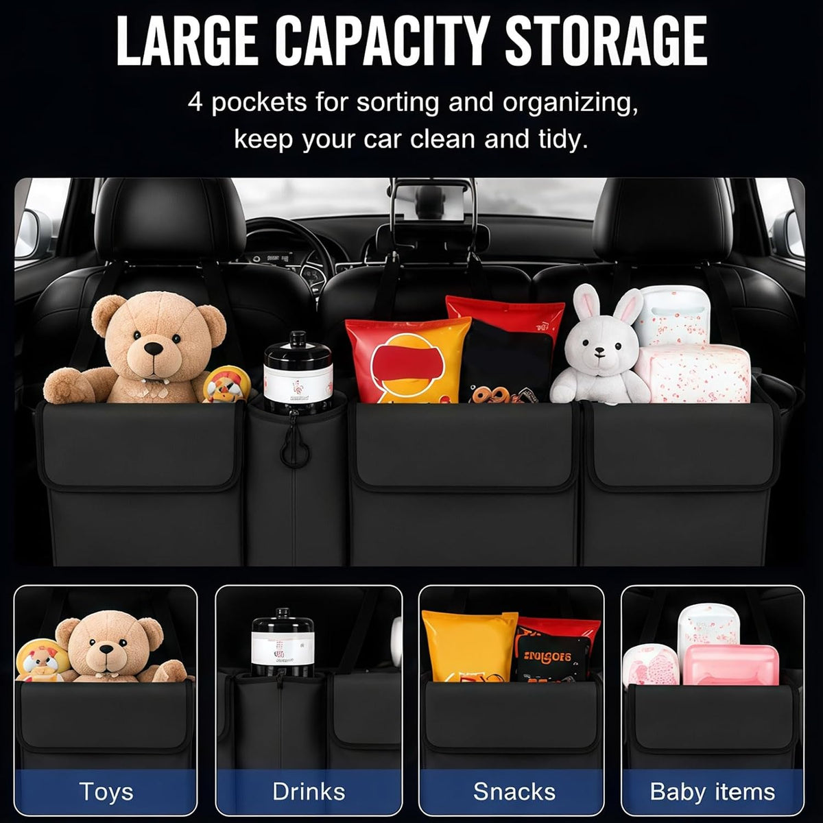 Car Trunk Organizer – Backseat Hanging Large Storage Bag with Adjustable Straps, Waterproof Collapsible Cargo Organizer with 4 Pockets, Space-Saving Trunk Storage for SUV Truck MPV (Black)