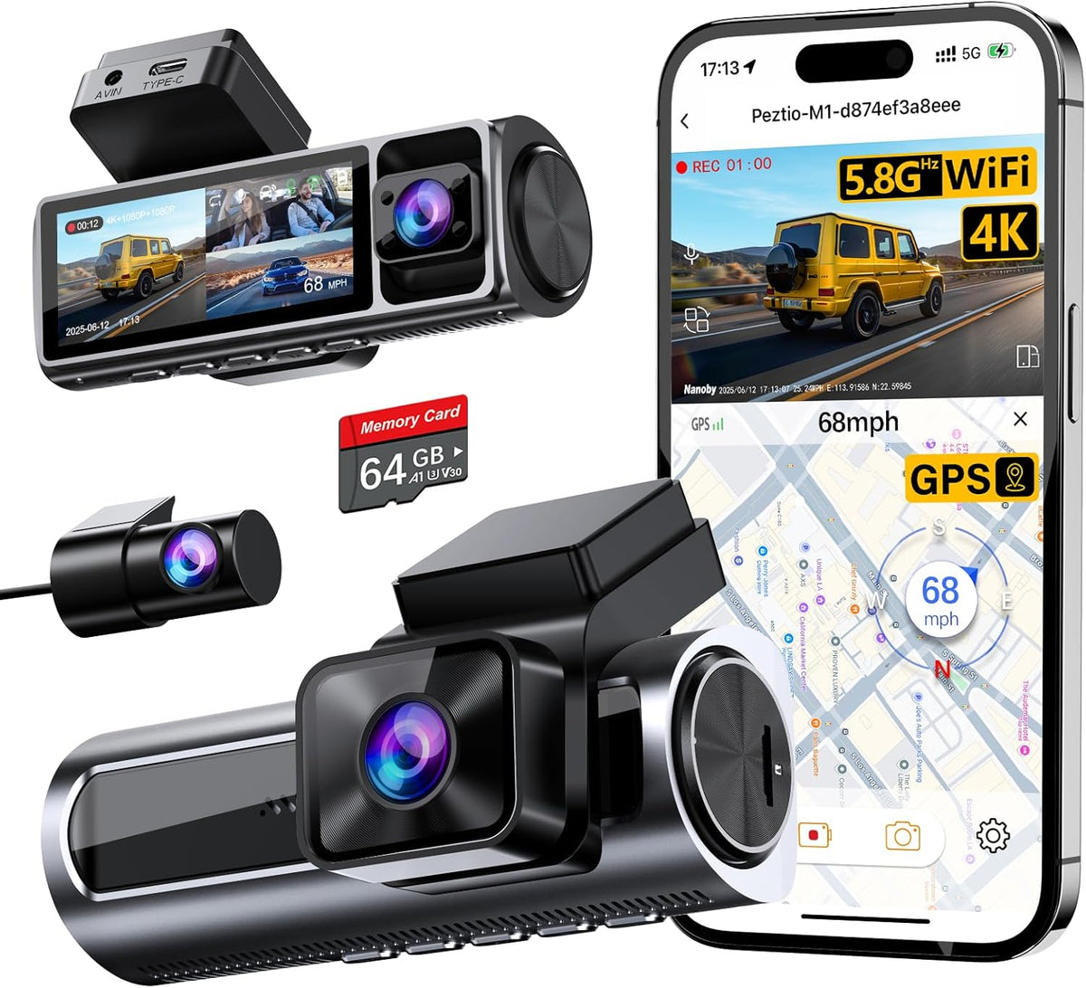 4K 3 Channel Dash Cam Front and Rear Inside, Built-in 5.8GHz WiFi GPS, 64GB Card Included, 4K+1080P+1080P Dash Camera for Cars, 3.18'' IPS Screen Dashcam with G-Sensor, 24H Parking Monitor