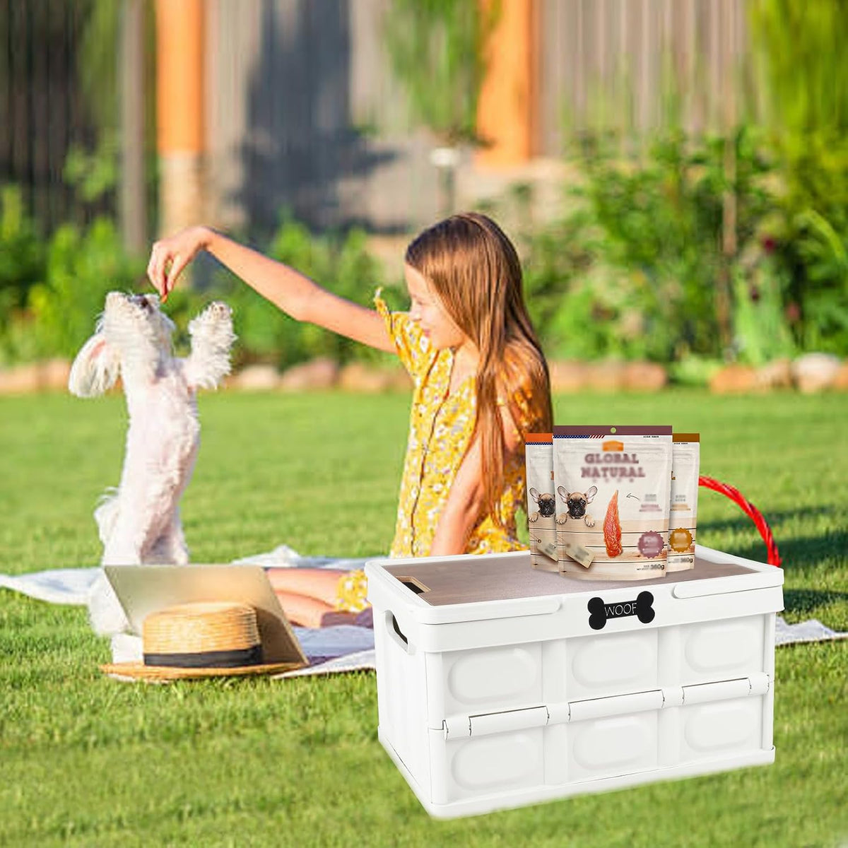 Collapsible Dog Toy Basket with Handles, Portable Dog Stuff Organizer, Outdoor Storage Box with Table Function, Ideal for Car Trunk, RV Trip, Picnic