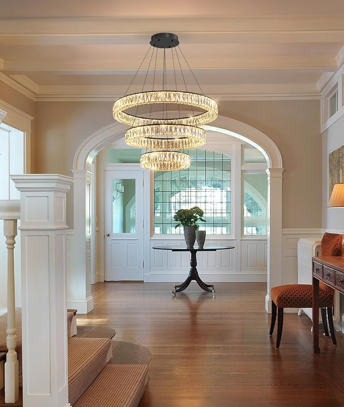 HAIXIANG Modern Glam Chandelier Crystal LED Remote Rings Chandelier Adjustable
