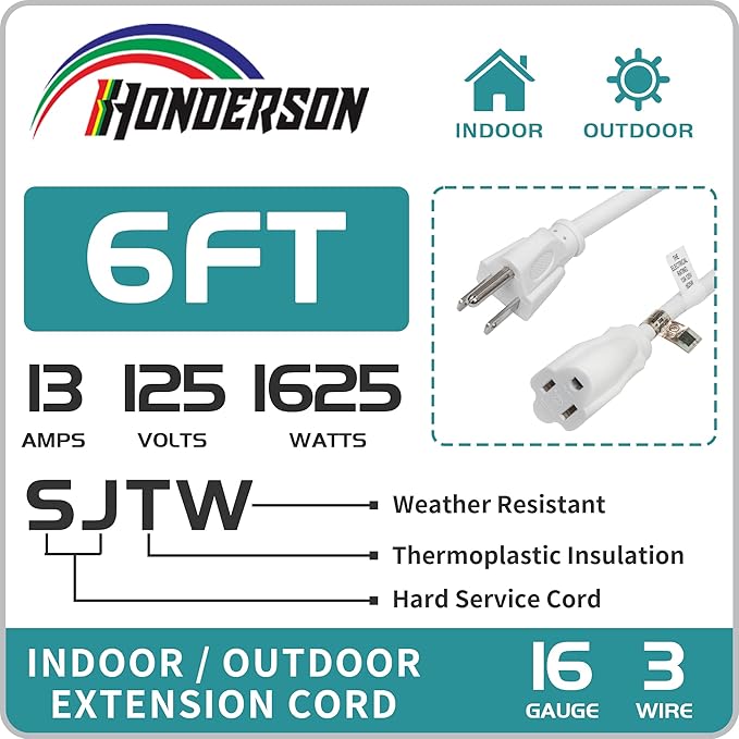 Indoor Outdoor Extension Cord Weatherproof, UL Listed, 16 Gauge 6FT White 3 Prong Heavy Duty, 16/3 SJTW 13A Power Cord for Outdoor Lights, Appliances, Lawn