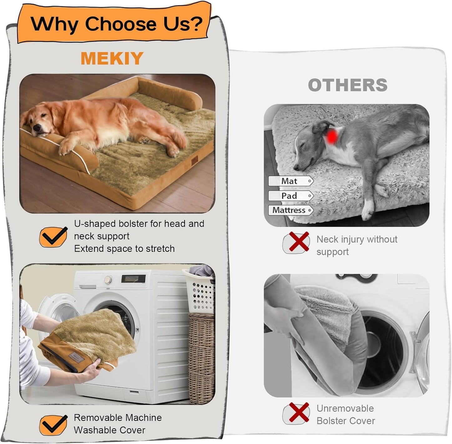 Large Dog Bed Orthopedic Washable, Orthopedic Dog Beds for Large Dogs with Washable Cover, Removable Bolster and Non-Slip Bottom Orange Dogs Beds, XL XLarge Extra Large Dogs