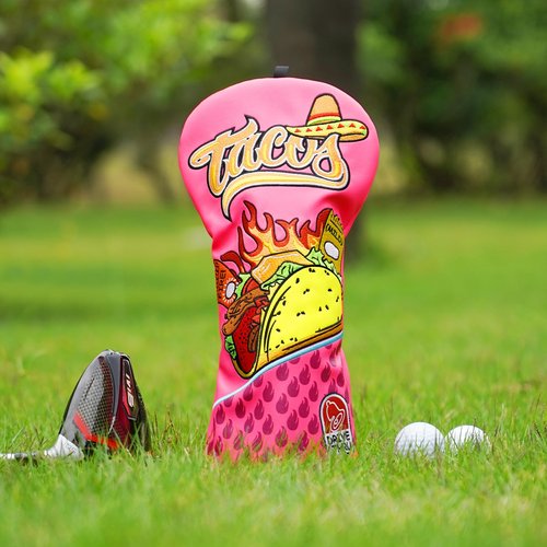 LZFAN Golf Club Head Covers Driver Fairway Hybrid Golf Club Headcover Wood Leather Protector Heavy Embroidered Pink Taco Driver