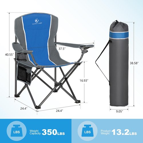 LET'S CAMP Oversized Camping Chair - Heavy Duty 350 LBS Capacity, 2 Pack with Cup Holder & Storage Bag | Blue