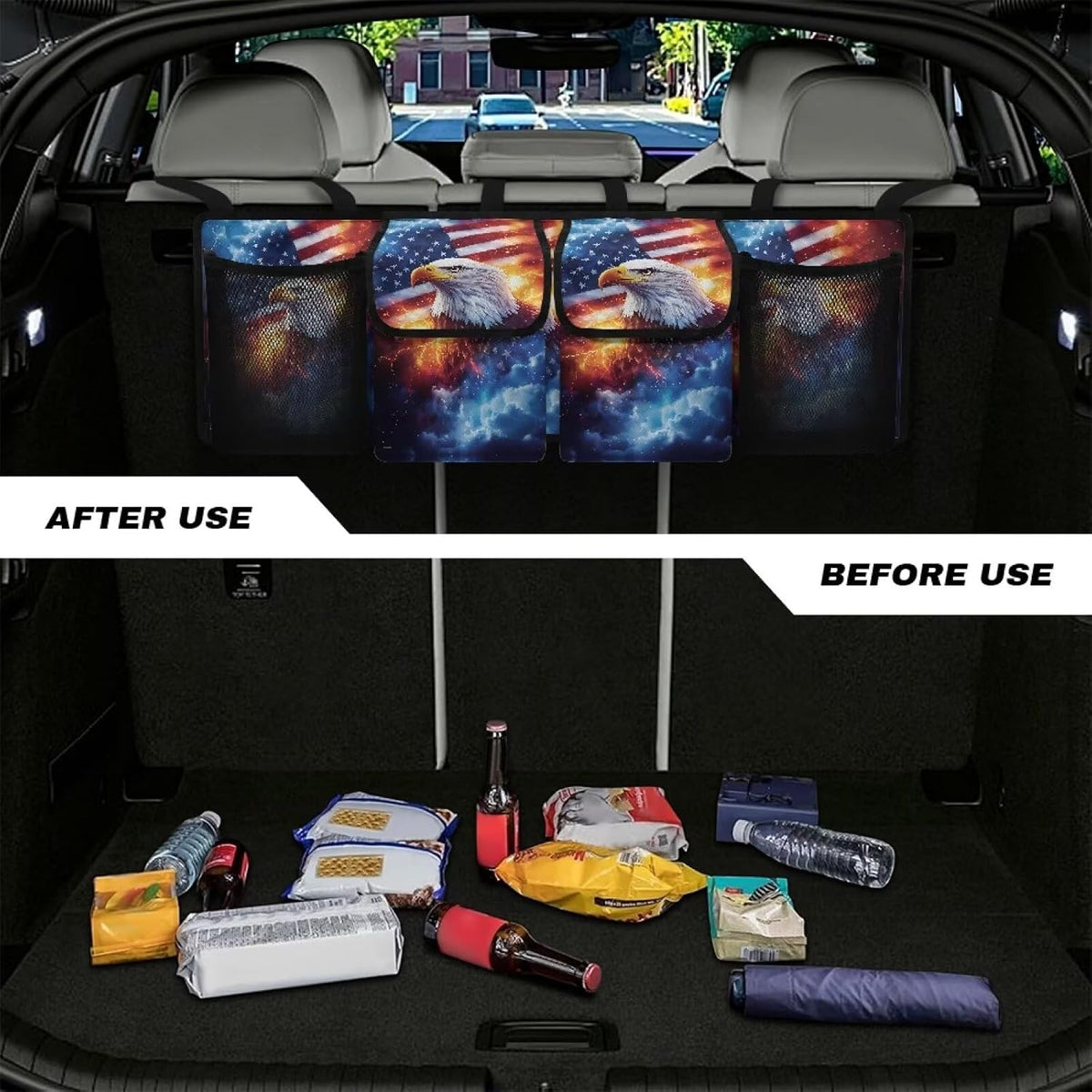 American Flag Car Trunk Organizer,Lightning Flame Eagle Collapsible Large Capacity Auto Backseat Hanging Storage Bag with Adjustable Strap & 4 Pockets Not Easy to Fade Machine Washable