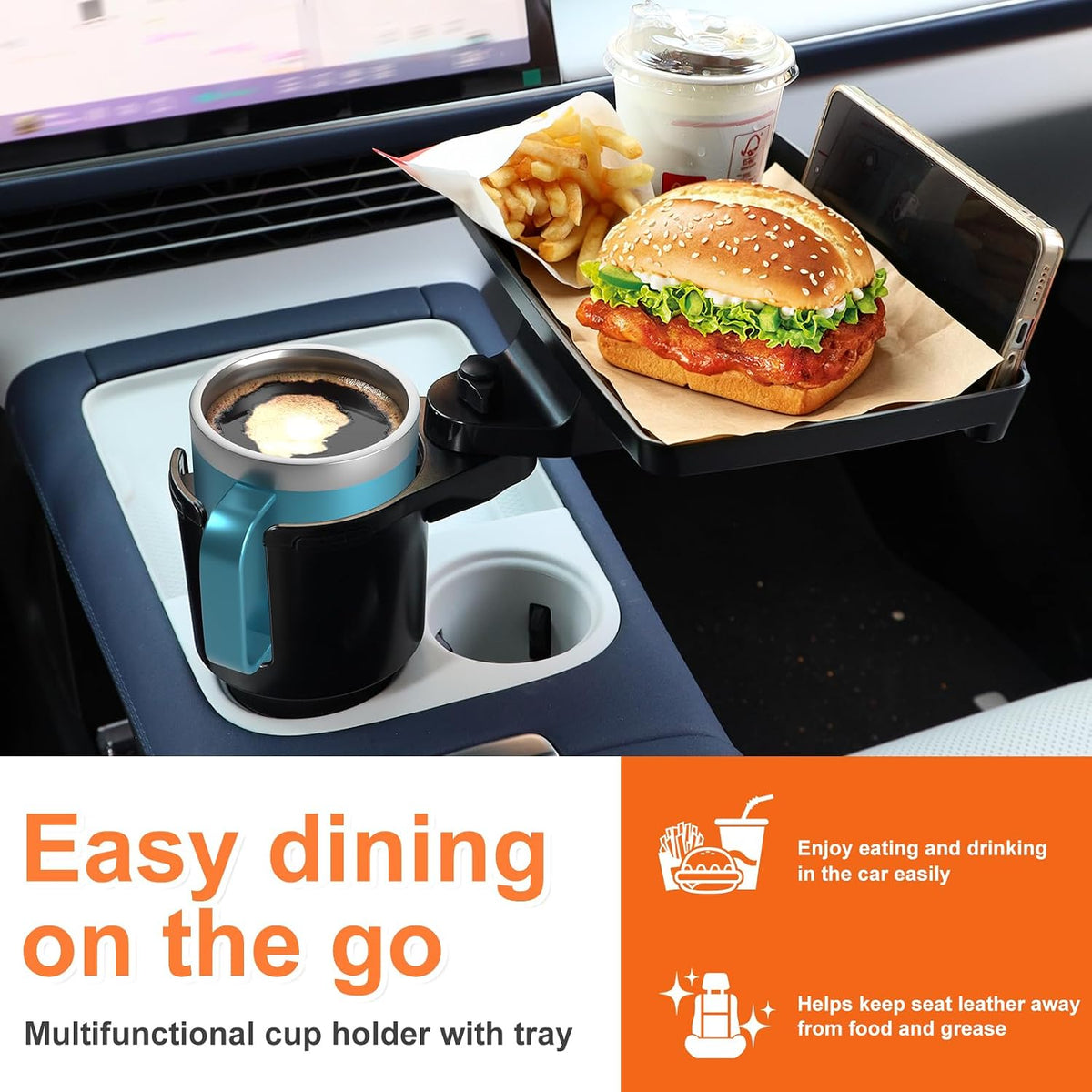 Car Large Cup Holder Expander, 3-in-1 Cupholder Extender with Swivel and Detachable Snack Food Tray Table for Eating, Travel Essentials for Road Trips for Driver. Model E