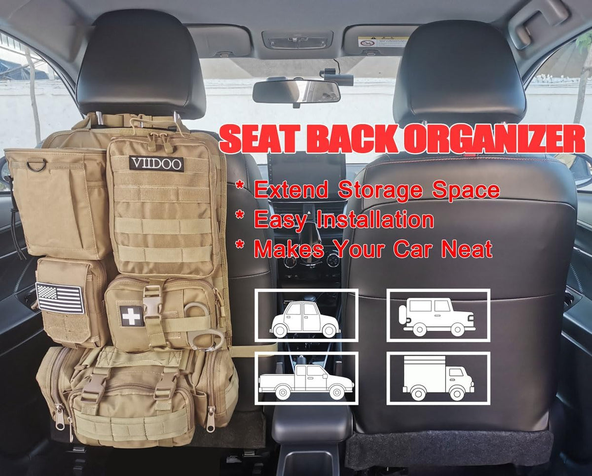 Car Truck Seat Back Organizer Tactical Molle, Upgrade Tactical Vehicle Panel Organizer with 5 Detachable Molle Pouch, Universal Fits for Most of Vehicle (Black)