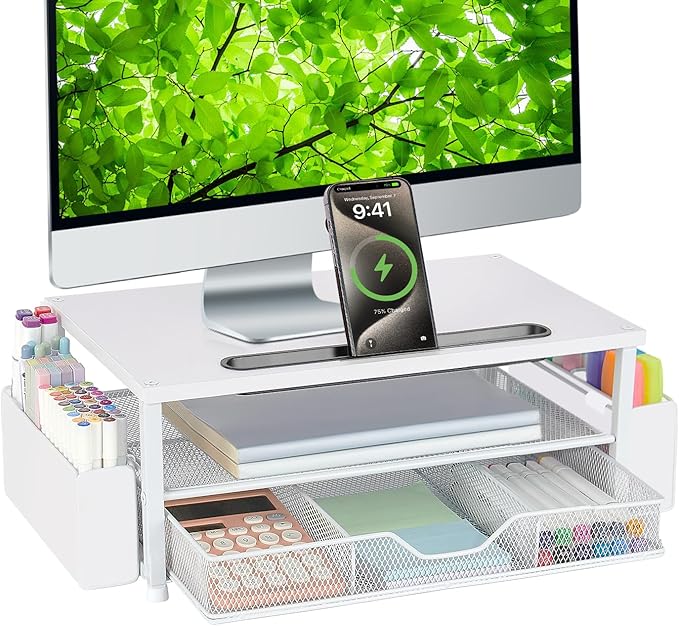 AUPSEN White Monitor Stand Riser, 2-Tier Wood Computer Desk Organizer