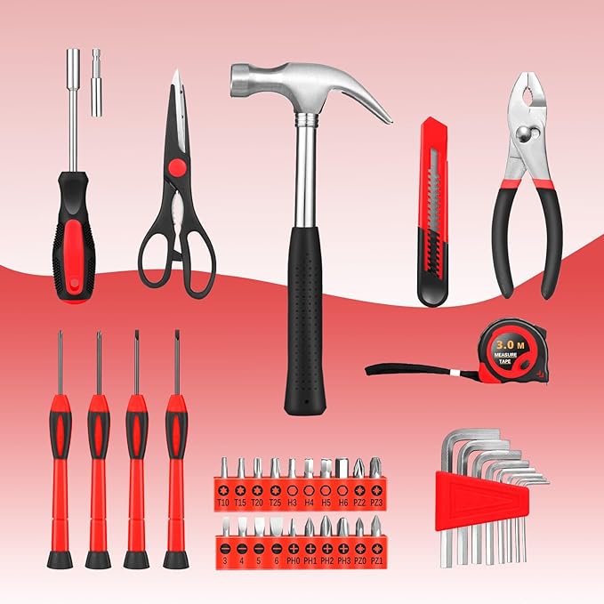 39 Piece Home Tool Kit General Household Hand Tool Set small tool box with Toolbox Storage Case for Everyday Home Repairs, Mini Tool kit for Women,Red